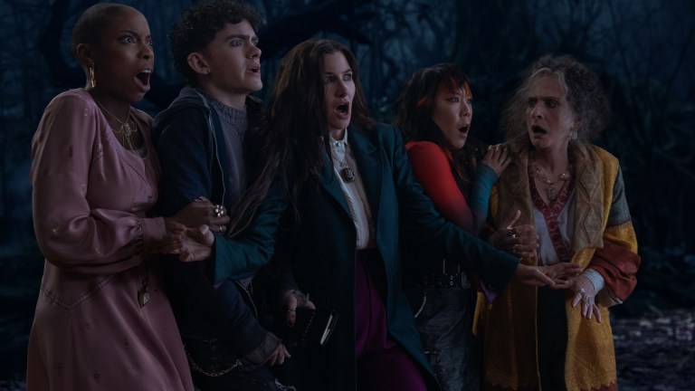 (L-R) Jennifer Kale (Sasheer Zamata), Teen (Joe Locke), Agatha Harkness (Kathryn Hahn), Alice Wu-Gulliver (Ali Ahn), and Lilia Calderu (Patti LuPone) in Marvel Television's AGATHA ALL ALONG, exclusively on Disney+.