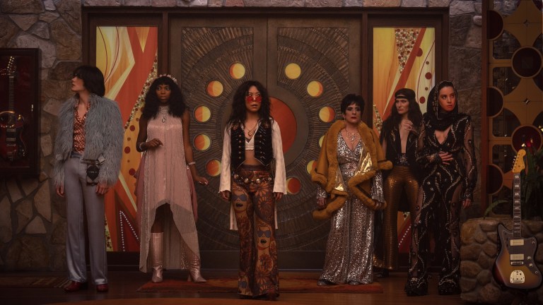 (L-R): Teen (Joe Locke), Jennifer Kale (Sasheer Zamata), Alice Wu-Gulliver (Ali Ahn), Lilia Calderu (Patti LuPone), Agatha Harkness (Kathryn Hahn), and Rio Vidal (Aubrey Plaza) in Marvel Television's AGATHA ALL ALONG, exclusively on Disney+.