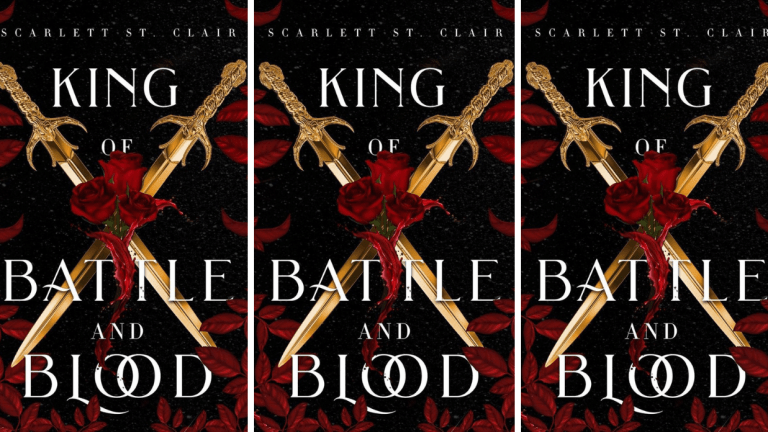 Three identical images of the book cover for King of Battle and Blood by Scarlett St. Clair