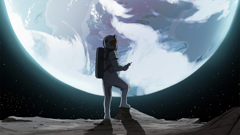 A figure in a spacesuit silhouetted against a planet in space